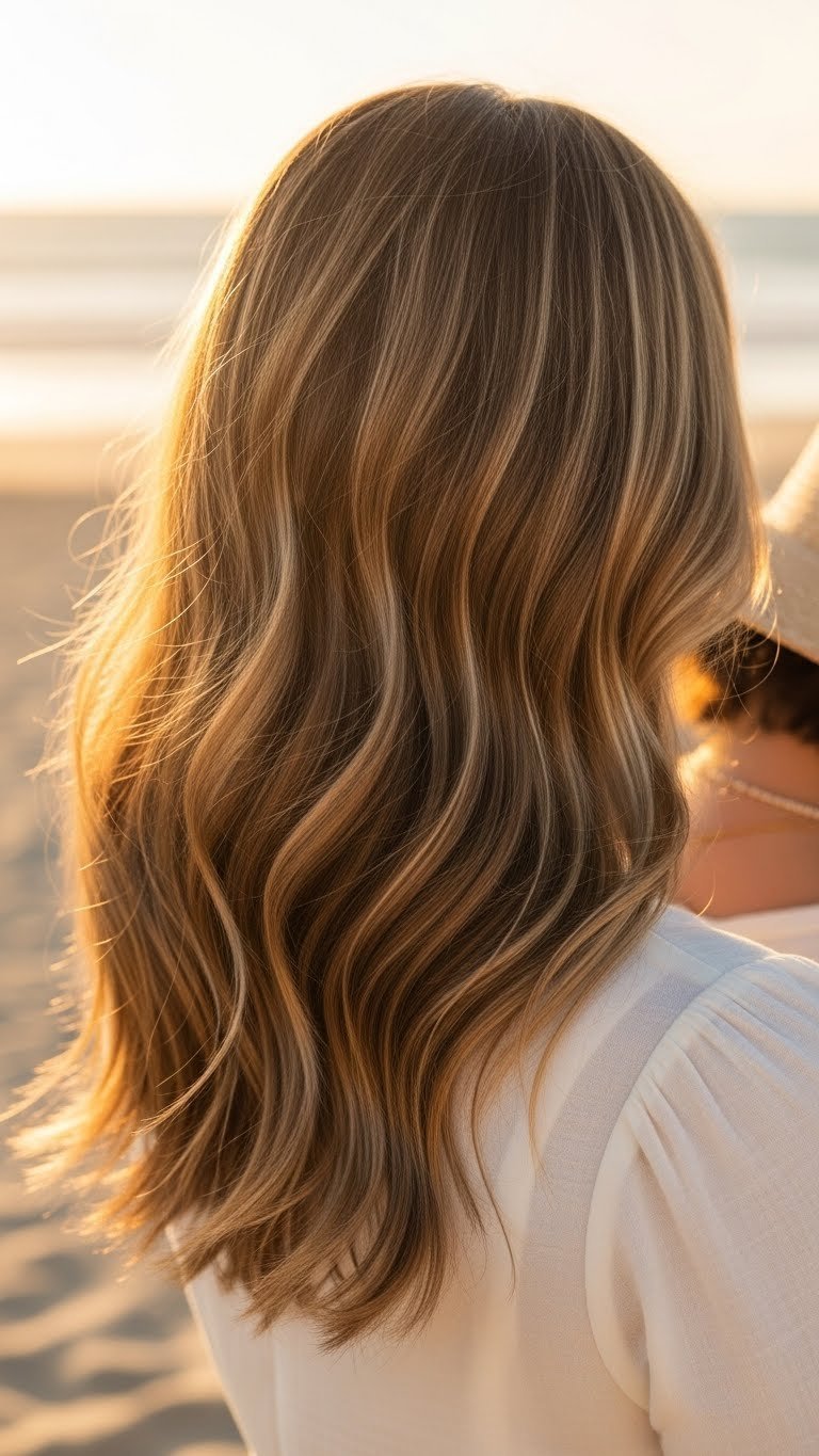 Medium length hair with effortless beach waves created using flat iron in golden hour outdoor setting