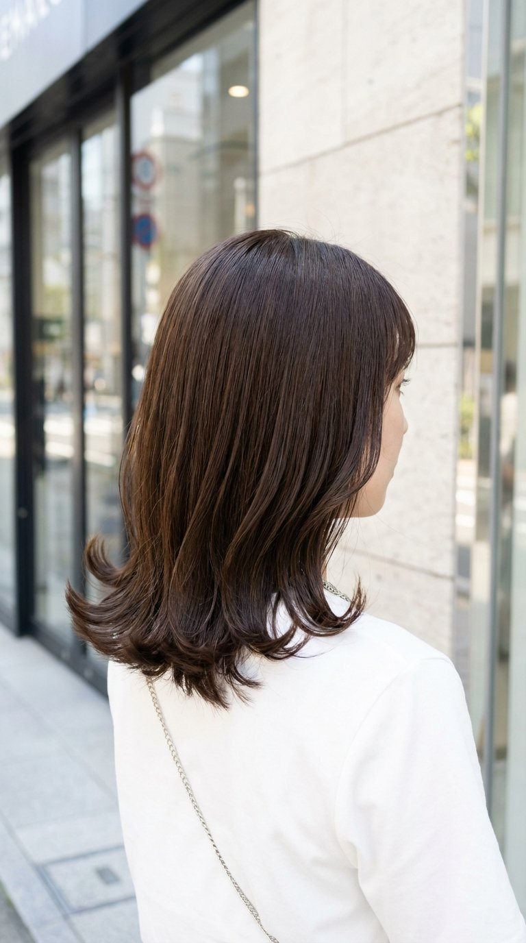Medium length hair with playful Y2K flipped ends against clean urban backdrop in bright daylight