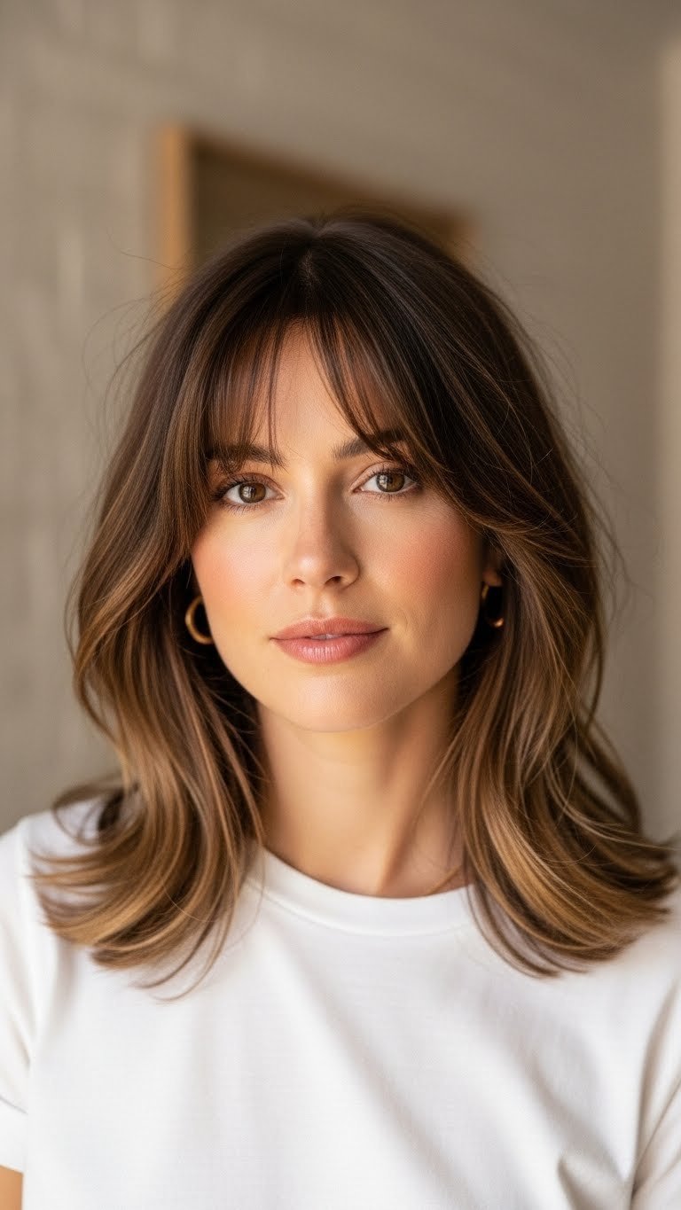 Medium-length hair with soft curtain bangs blending into face-framing layers against softly blurred textured wall
