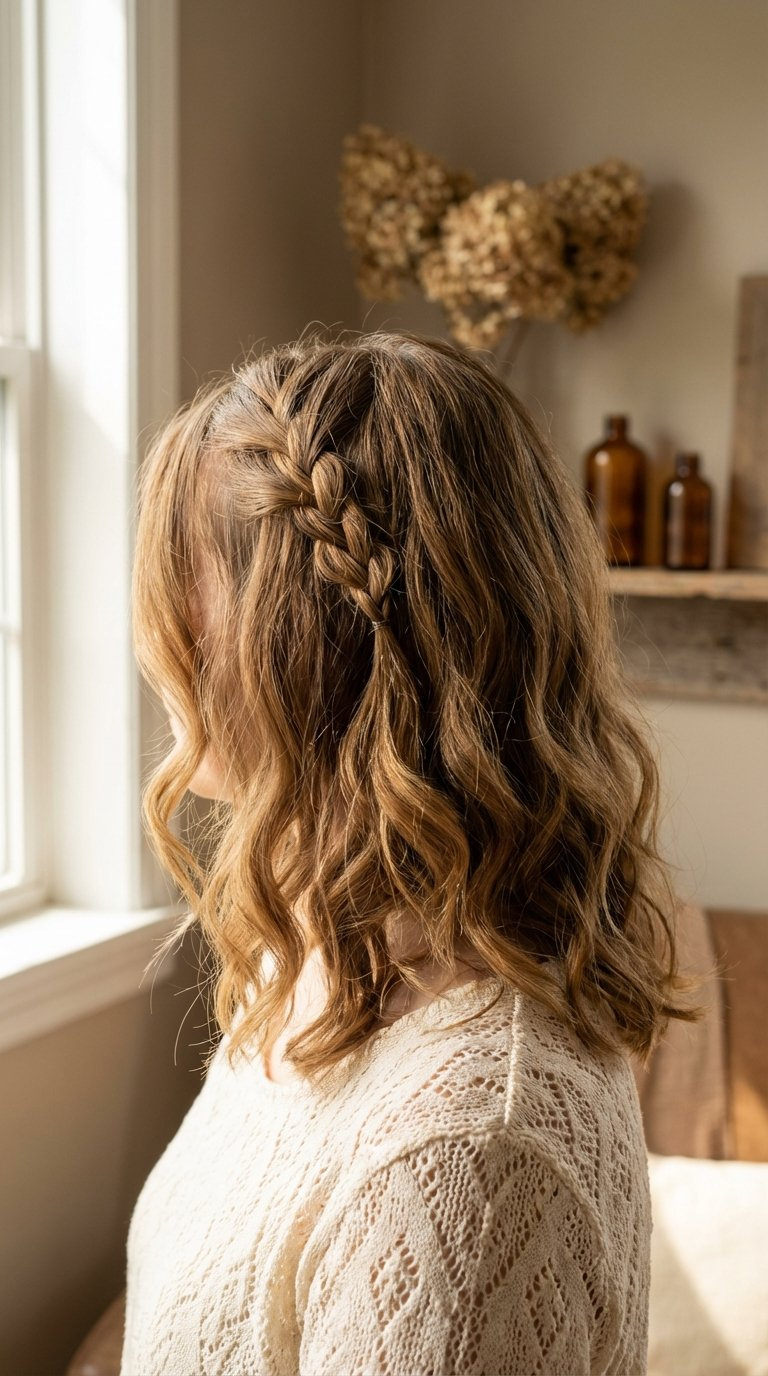 Medium length hair with subtle braided accent woven into side for romantic fall hairstyle