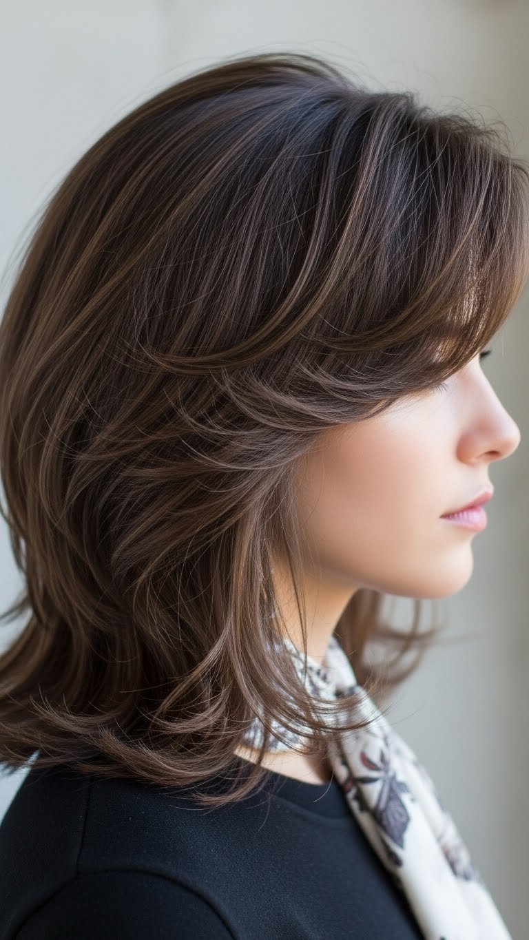 Medium-length hairstyle with side-swept bangs and flowing layers in cool ash brown tones against textured wall
