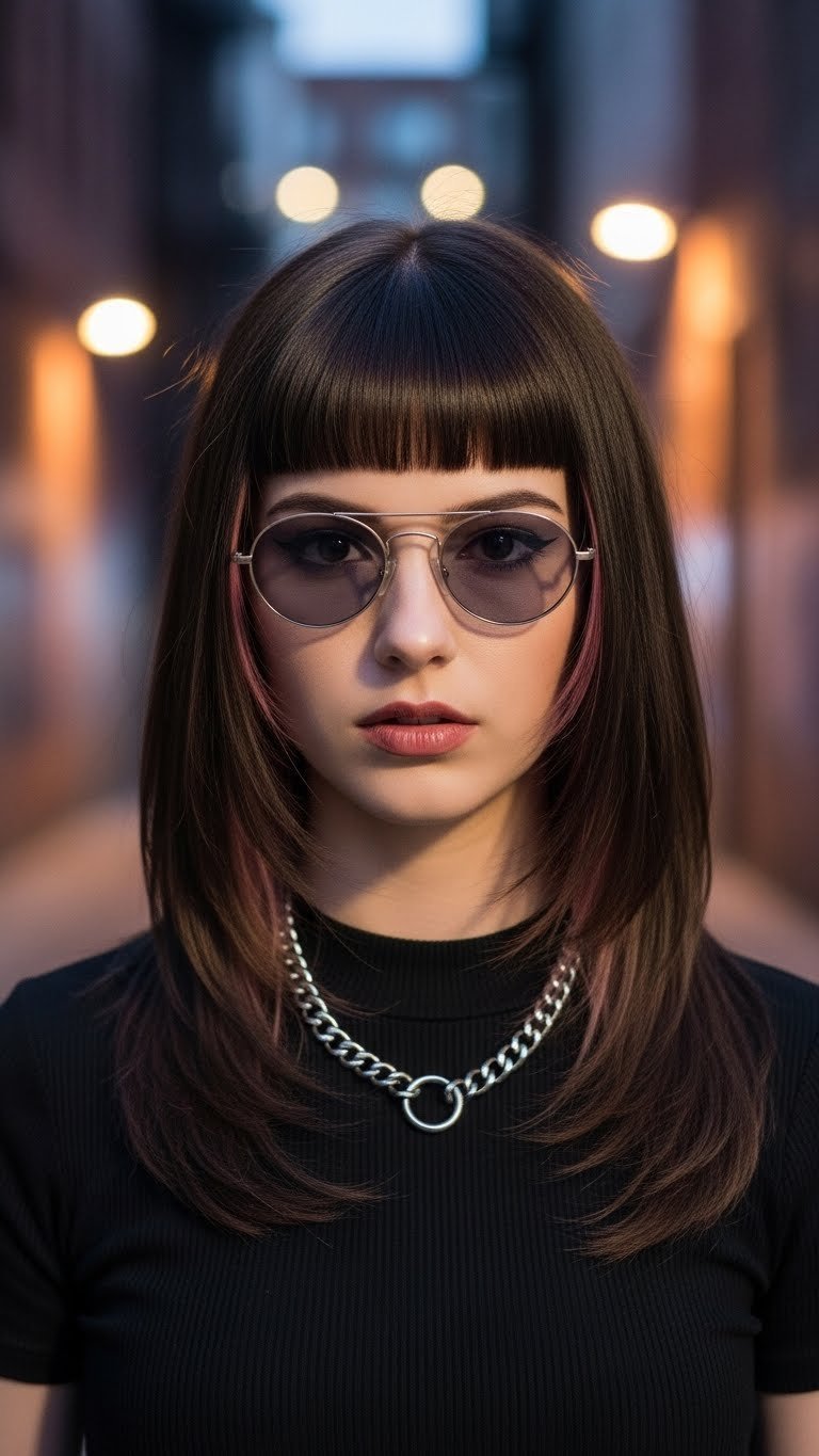 Medium length hime cut with alt flair featuring blunt bangs and colored tips in urban alleyway setting