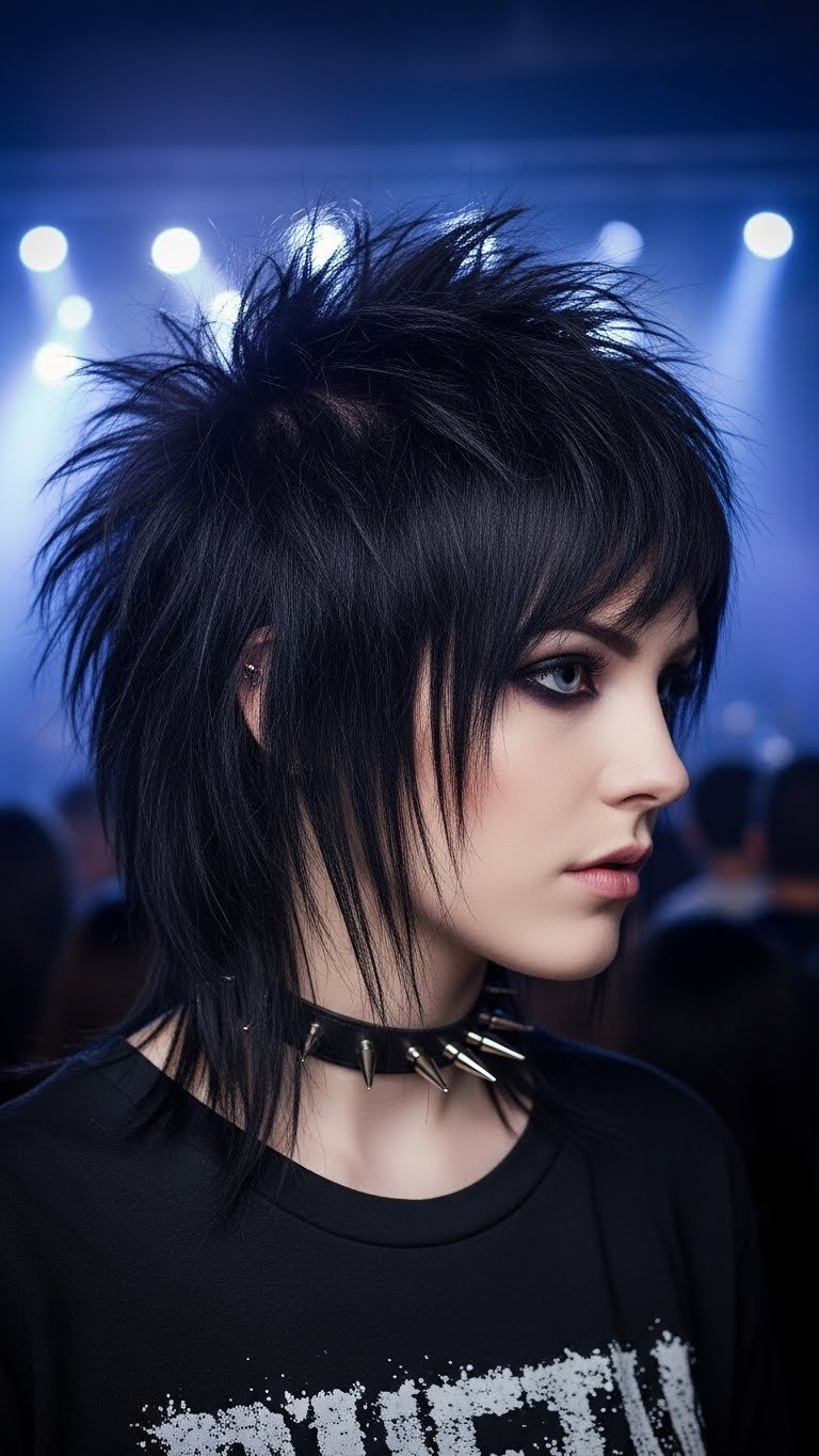 Medium length piece-y emo hairstyle with side-swept bangs and spiky texture in concert venue setting