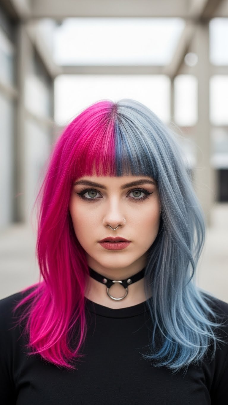 Medium length split dye hair with contrasting colors against industrial concrete backdrop