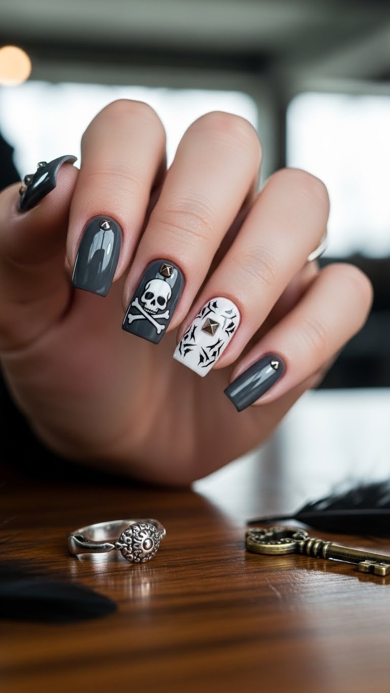Medium-length square grey nails with white skull and crossbones decal and silver studded details on polished dark wood table.