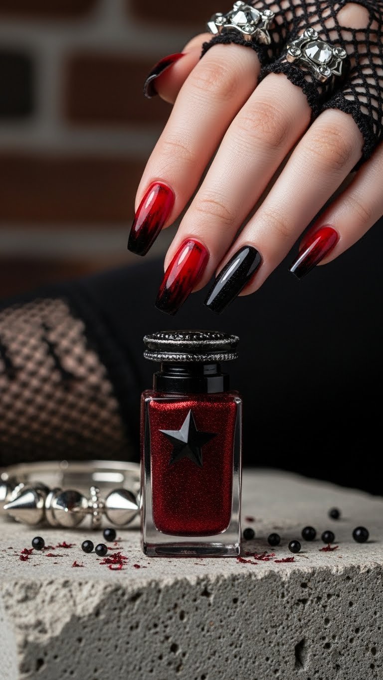 Medium-length stiletto nails with distressed red to black ombre transition and dark glitter on rough concrete slab with dramatic side lighting.