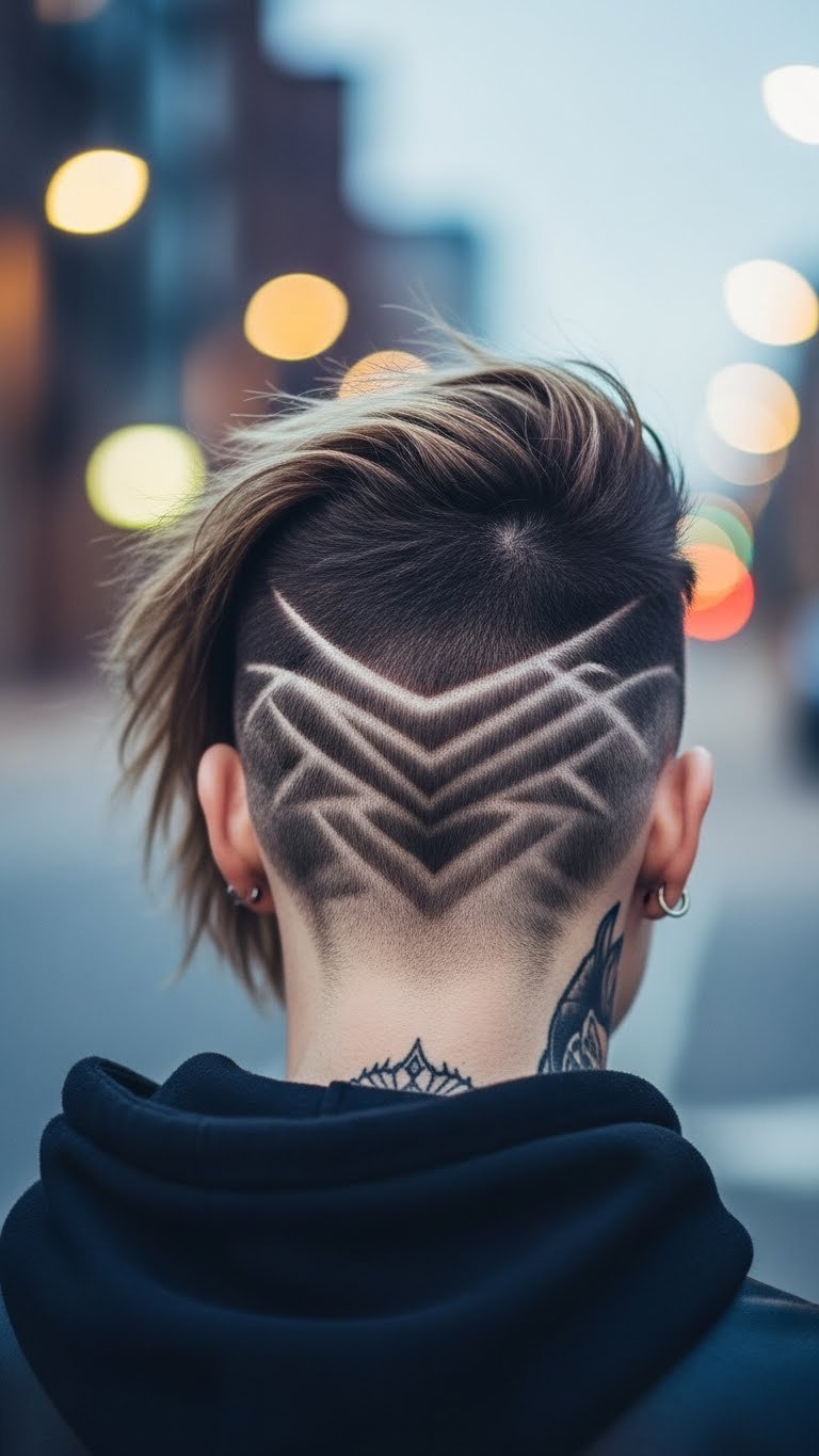 Medium length textured undercut design with intricate shaved patterns against urban dusk backdrop