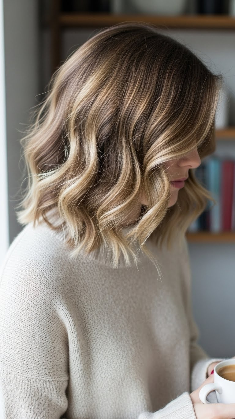 Medium-length wavy hair with deep side part framing round face in cozy sunlit interior setting