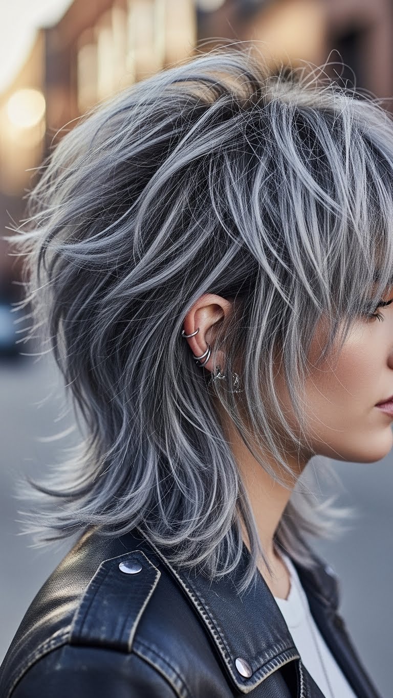 Medium length wolf cut hairstyle with choppy layers, voluminous crown, and textured ends against urban brick wall backdrop