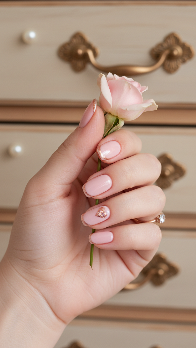 Medium oval nails with rose gold accents and pale pink base holding delicate rose bud