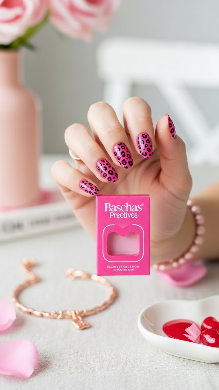 Medium oval press-on nails with pink base and black leopard print on linen tablecloth