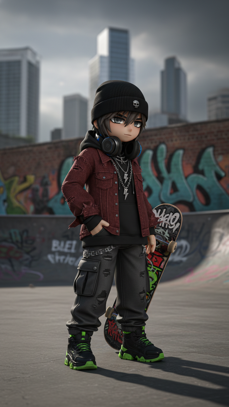 Medium shot of Gacha character in bad boy streetwear with oversized hoodie, baggy pants, and urban skate park backdrop