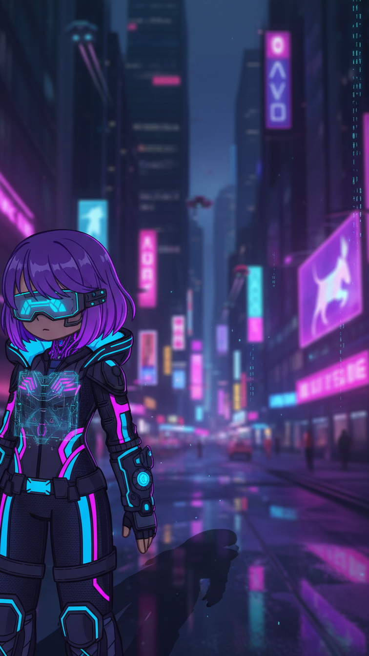 Medium shot of Gacha character in cyberpunk neon outfit with glowing tech accessories against futuristic cityscape