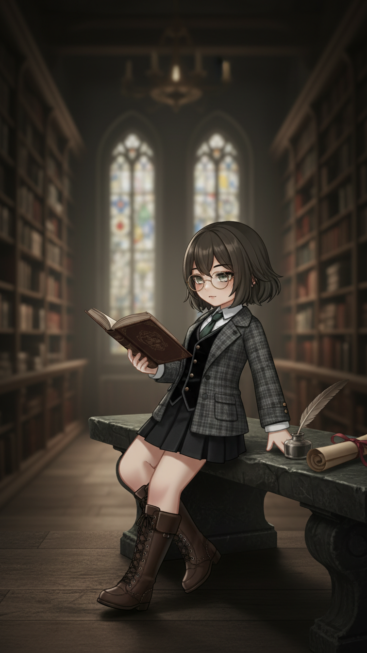 Medium shot of Gacha character in dark academia style with blazer, books, and intellectual accessories in library setting