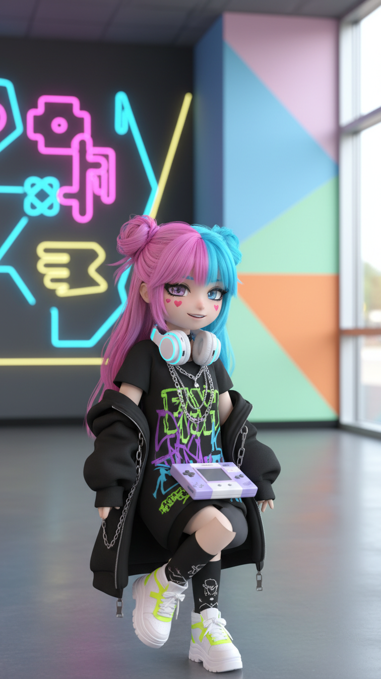 Medium shot of Gacha character in vibrant e-girl/boy swag with dyed hair, graphic hoodie, and bright gaming setup backdrop