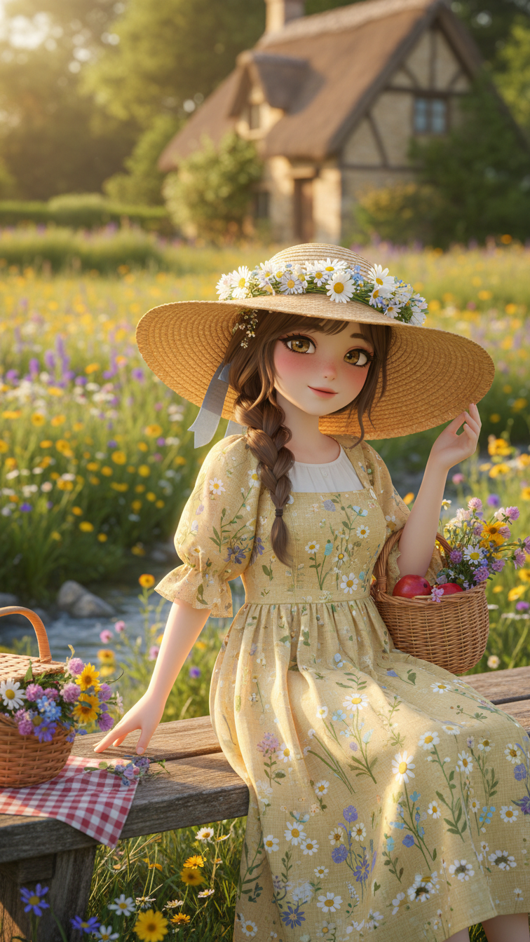 Medium shot of Gacha character in whimsical cottagecore fantasy with floral dress, straw hat, and sun-dappled meadow setting