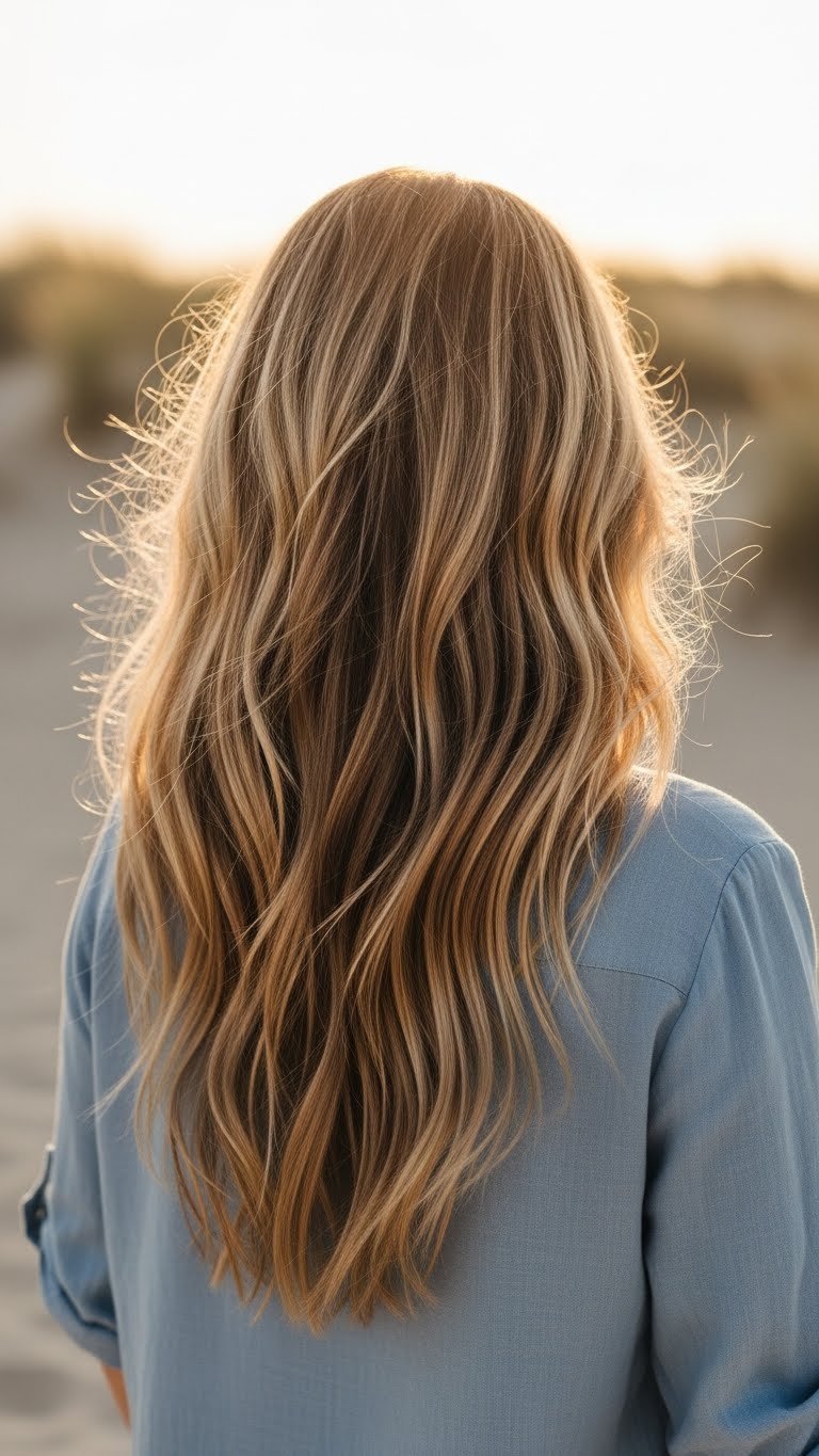 Medium shot of flowing boho aesthetic natural beach waves on long sun-kissed blonde hair, set against blurred sand dunes.