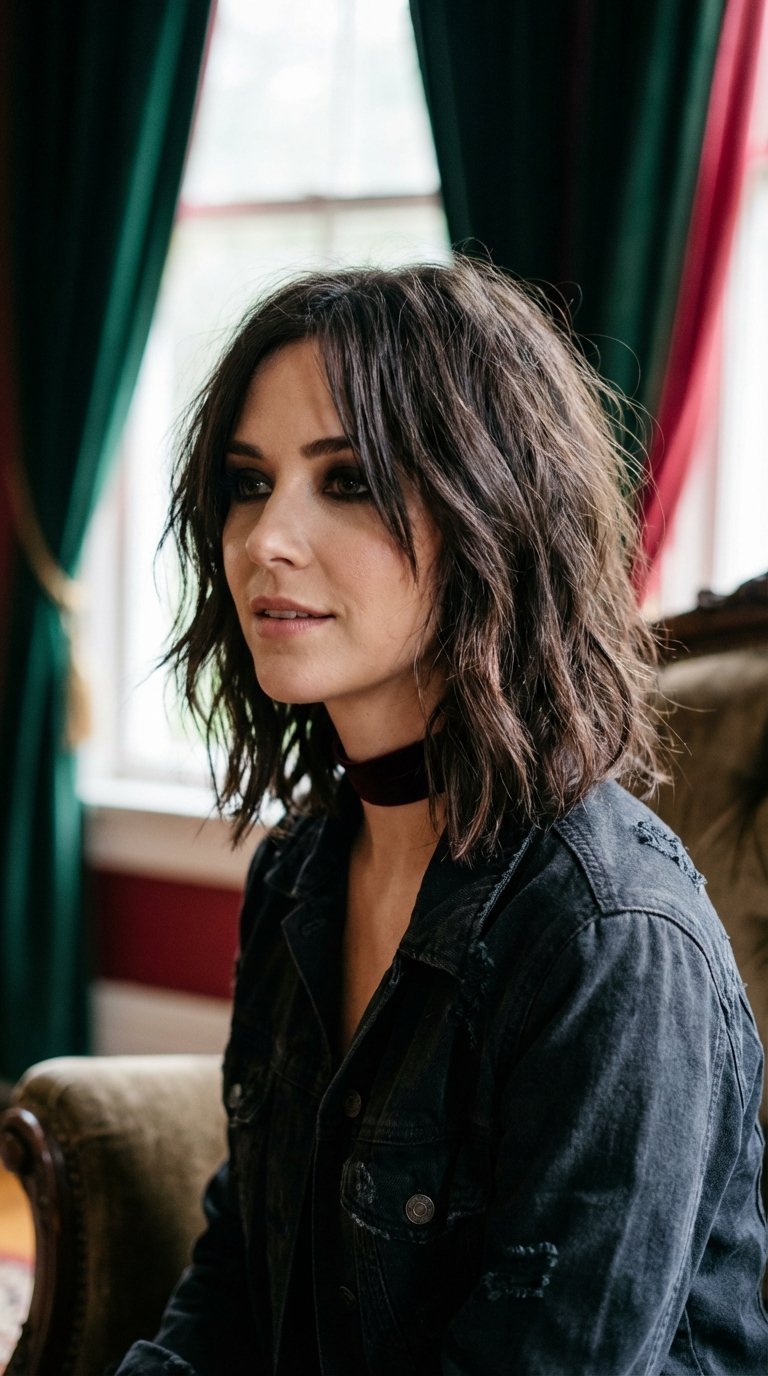 Medium shot of glam grunge waves on medium length hair against softly blurred velvet drapes in chic interior