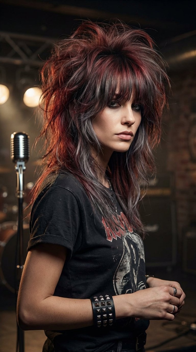Medium shot of rockstar shag hairstyle with dramatic layers against blurred stage lights in music venue