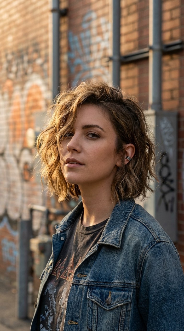 Medium shot of tousled bob hairstyle with messy waves against softly blurred graffiti wall during golden hour