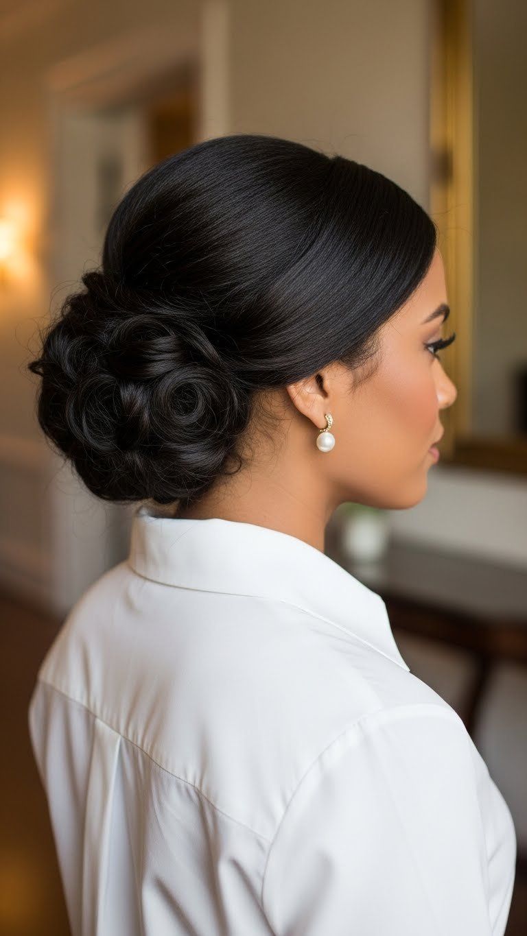 Medium shot of woman with sophisticated low bun on thick 3c curly hair in formal indoor setting