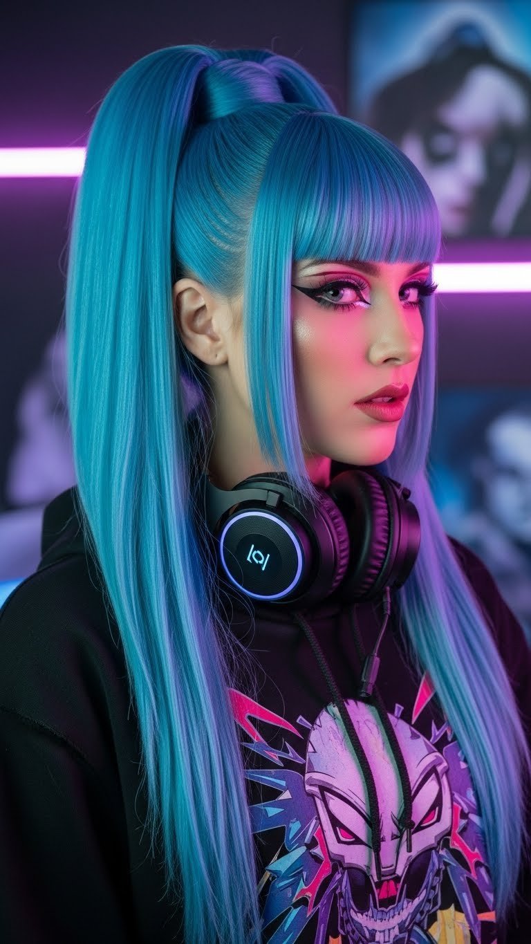Medium shot showcasing E-Girl aesthetic hair with bold face-framing pieces and a high ponytail, set against blurred neon lights.