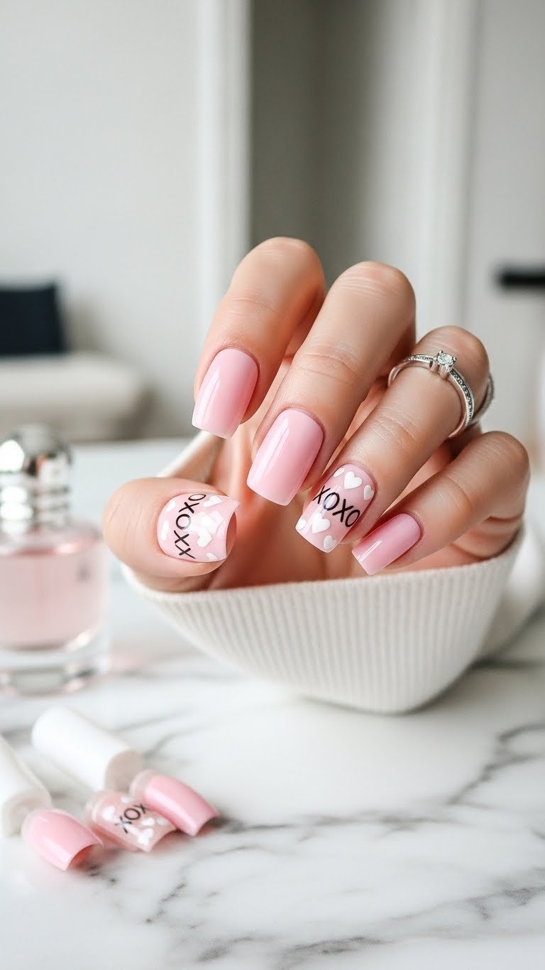 Medium square pink press-on XOXO nails with glossy finish and delicate white lettering on marble countertop background.