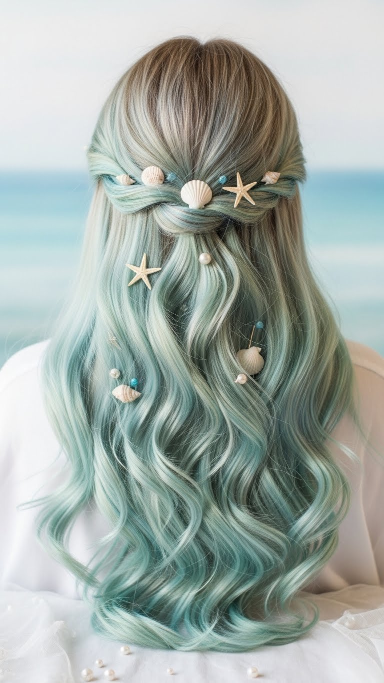 Mermaid waves hairstyle with pastel blue-green colors and seashell accessories cascading over shoulder