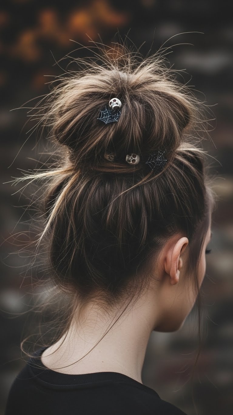 Messy bun hairstyle with Halloween accessories like cobwebs and skull beads against dark background