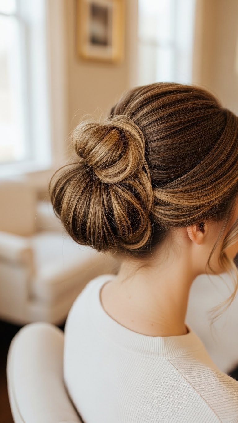 Messy bun hairstyle with face-framing tendrils and textured voluminous bun for formal medium hair.