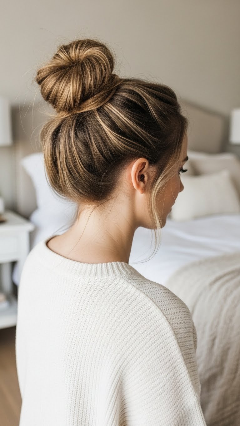 Messy bun hairstyle with pulled-out strands creating volume illusion for thin hair in cozy bedroom