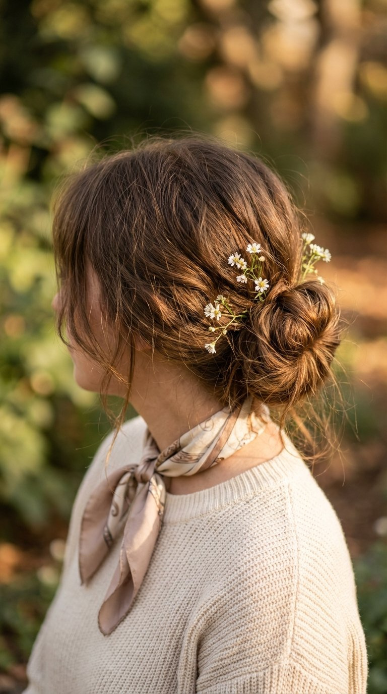 Messy bun updo hairstyle with artfully disheveled bun and soft wispy strands framing face in golden hour