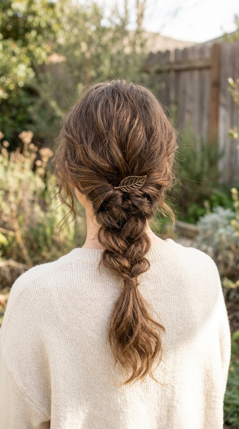 Messy chic low braided ponytail with artfully pulled-out sections creating soft voluminous disheveled appearance
