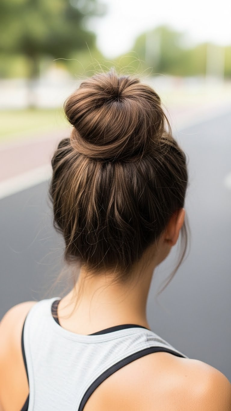 Messy topknot bun perched at crown with textured volume for casual outdoor activity setting