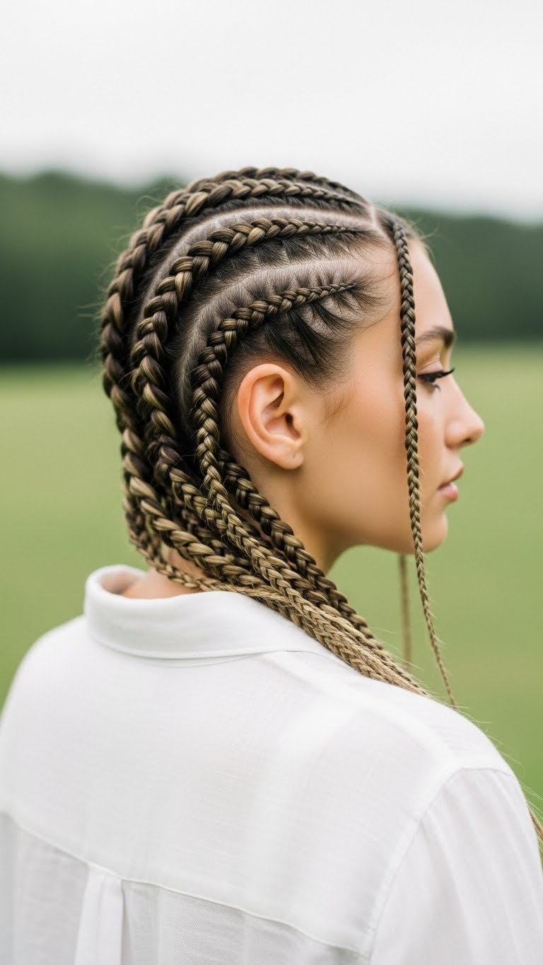 Micro braids Y2K hairstyle with intricate weaving detail and natural background setting