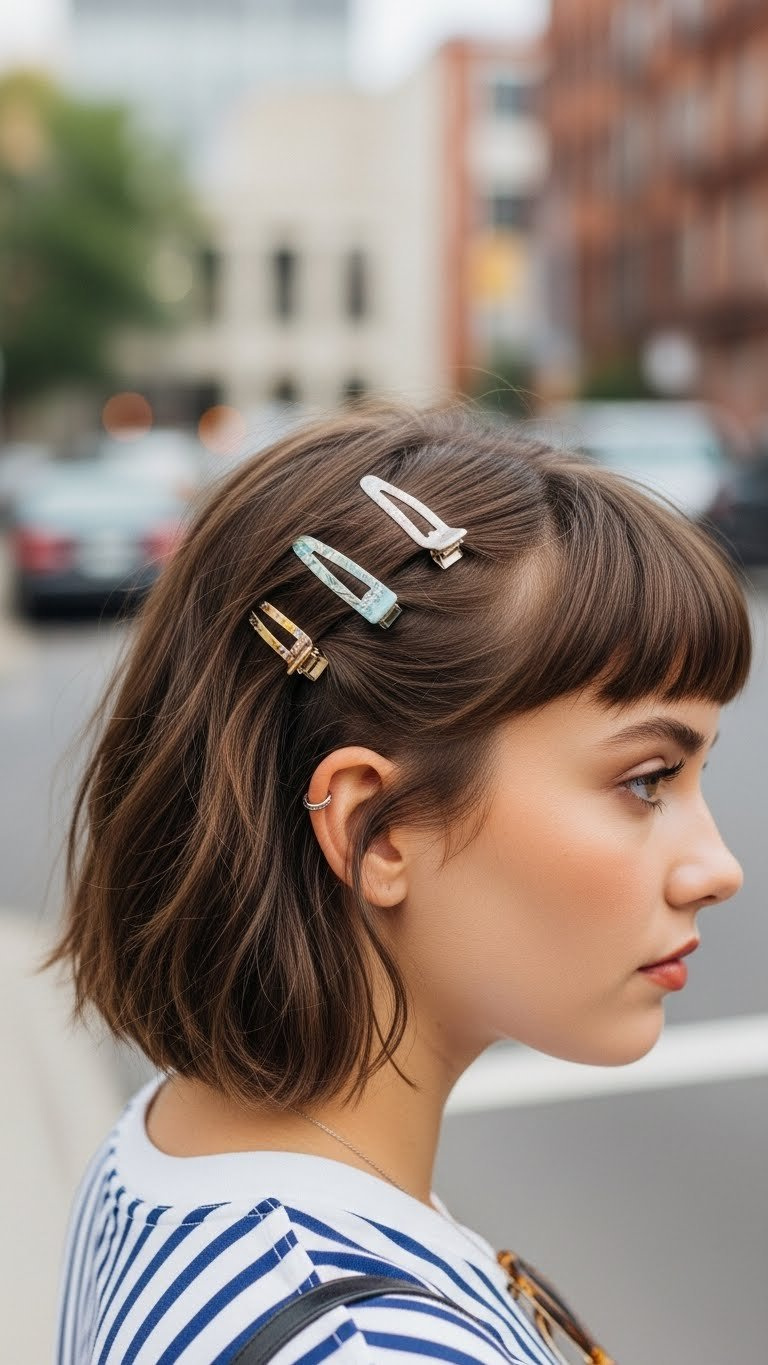 Mini claw clips accenting short layered hair with vibrant tones and urban street scene backdrop.