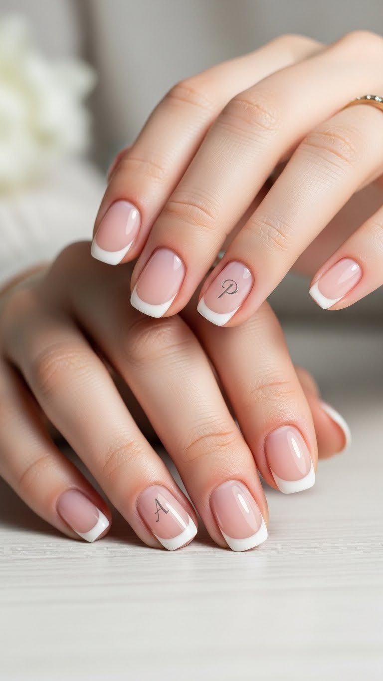 Minimalist French tip nails with subtle initials on light gray or metallic accents
