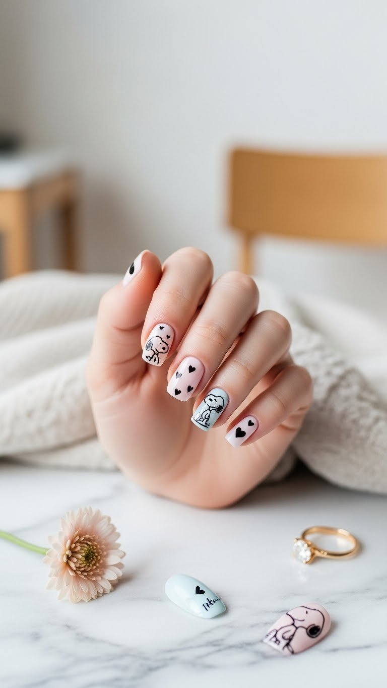 Minimalist Snoopy silhouette nail art on neutral background with clean symmetrical layout