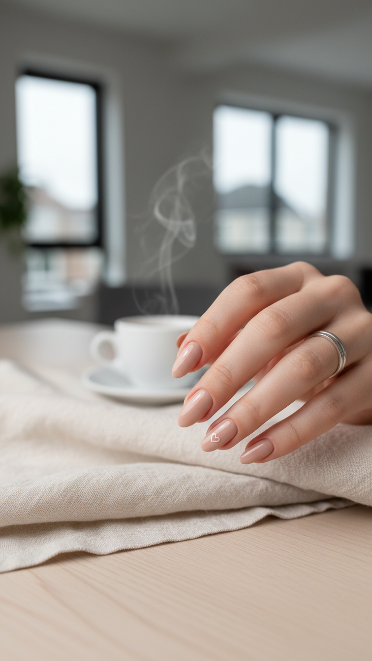 Minimalist almond nails with neutral base and tiny contrasting heart outline accents on linen cloth