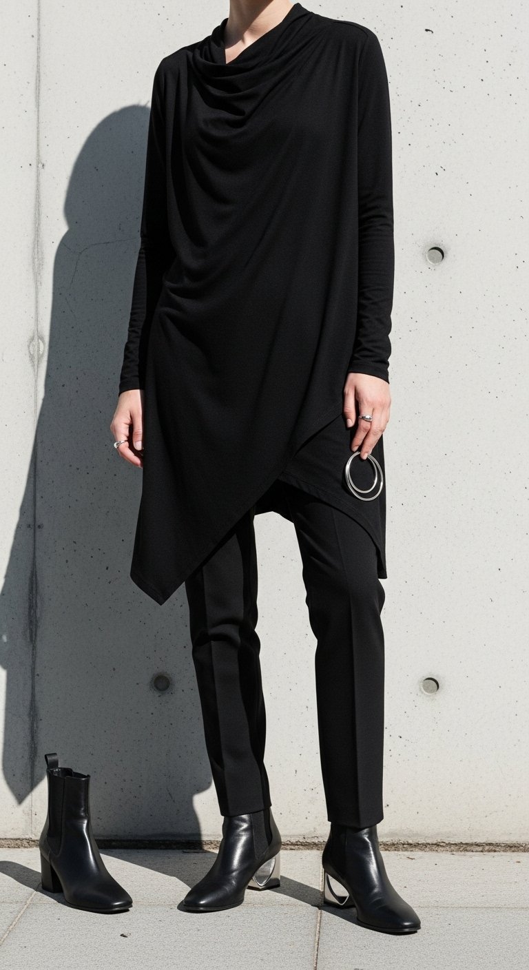 Minimalist alt outfit featuring black asymmetrical tunic top and sleek trousers against concrete wall backdrop