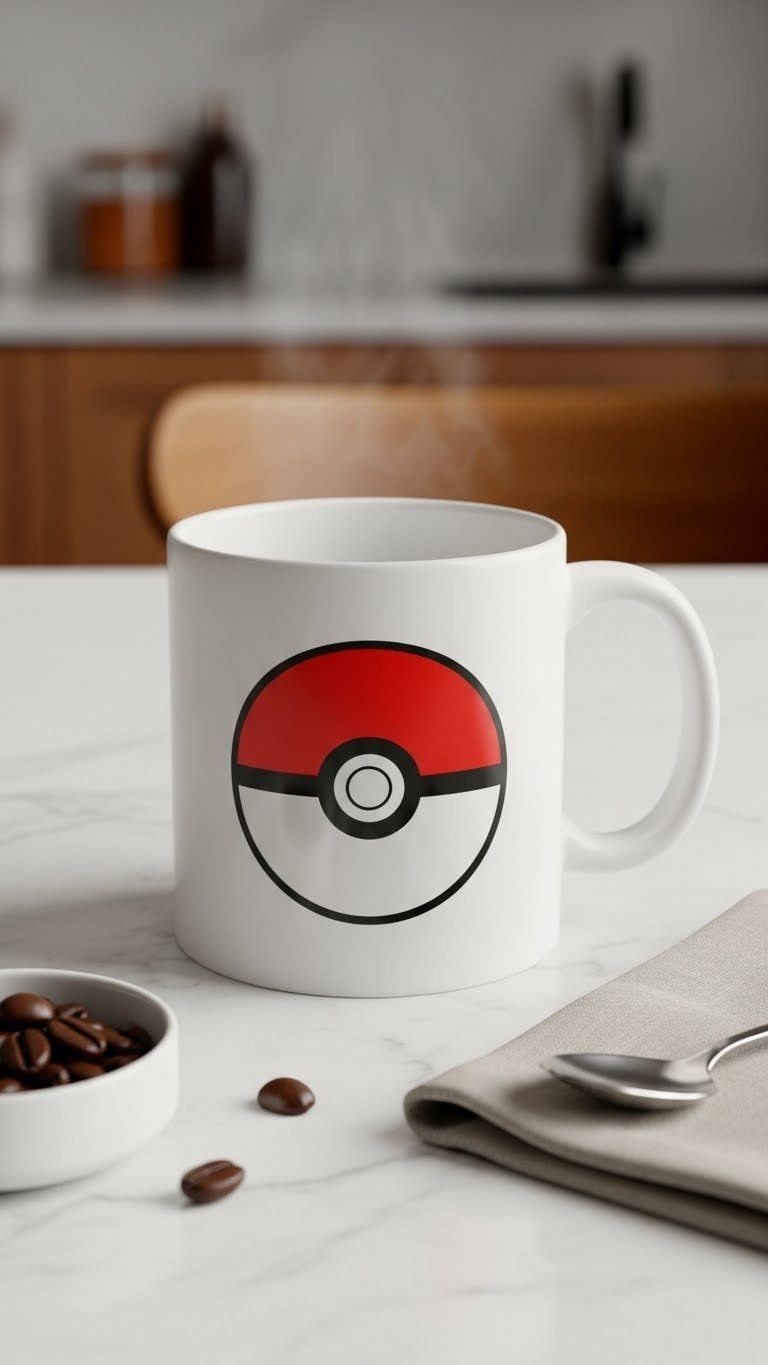 Minimalist anime icon ceramic mug on marble countertop with coffee bean and simple accessories.