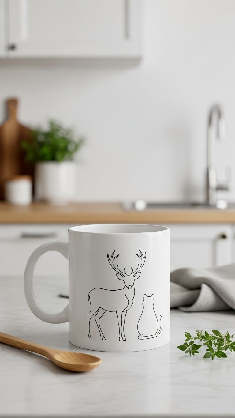 Minimalist black animal silhouette ceramic mug on light grey marble surface in clean modern setting