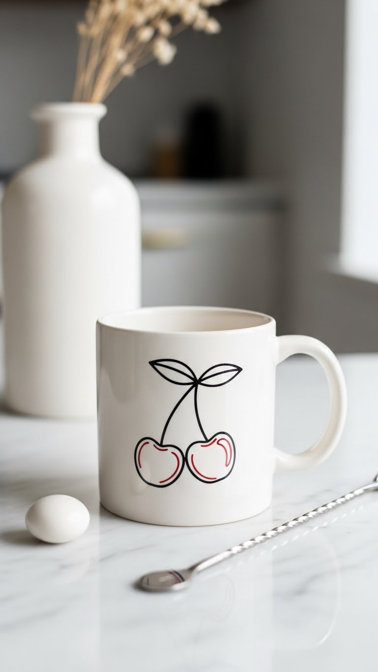 Minimalist black ceramic mug with abstract cherry outline design on sleek marble countertop in bright daylight