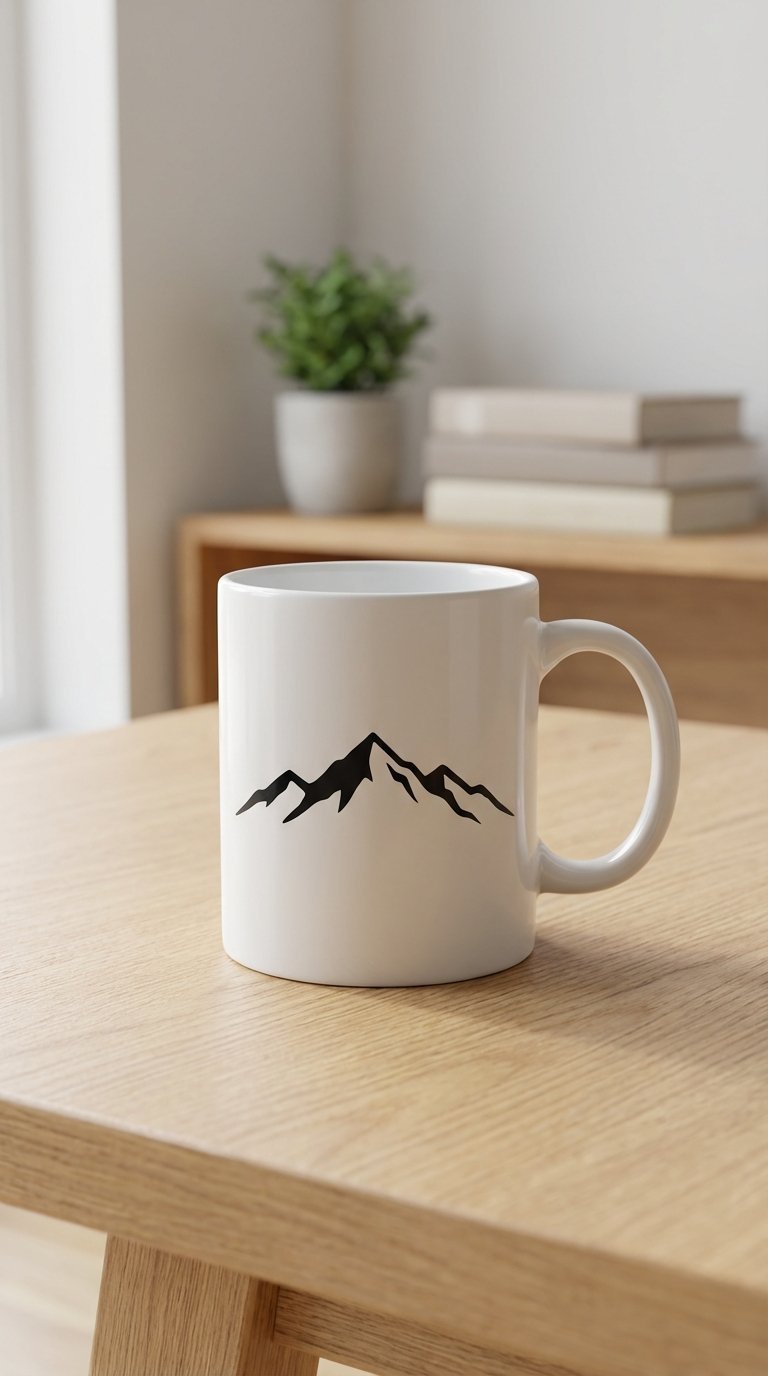 Minimalist black silhouette mountain mug on light wooden table with soft natural lighting and bokeh background