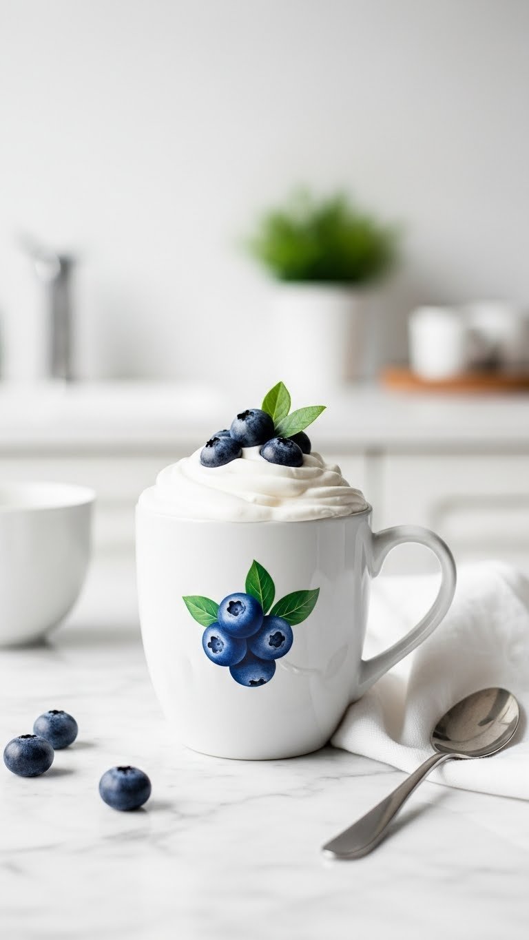 Minimalist blueberry cluster painted white porcelain mug on marble countertop with clean lines and bright daylight