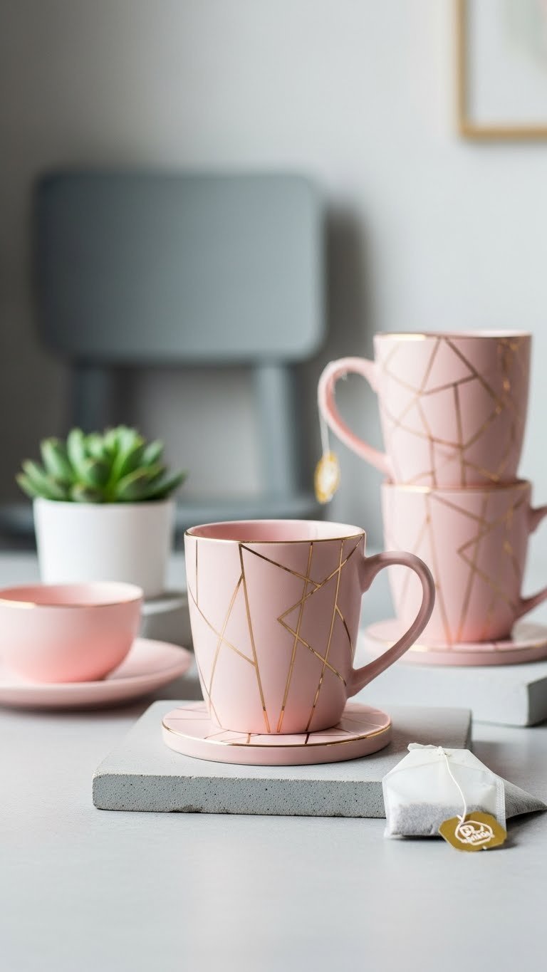 Minimalist blush pink geometric mugs with gold accents on concrete slab with succulent.
