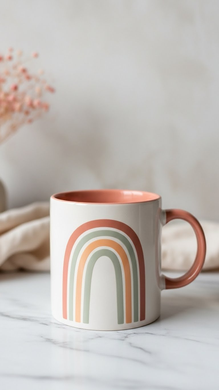 Minimalist boho rainbow arch painted mug on marble countertop with soft bokeh background and dried floral arrangement