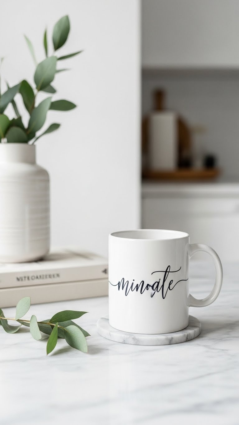 Minimalist calligraphy hand painted mug with elegant script on marble countertop in bright airy daylight