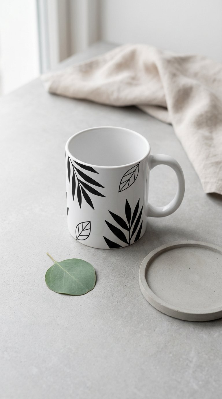 Minimalist ceramic mug with black botanical silhouettes on polished concrete surface with single green leaf