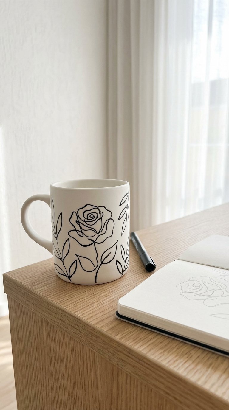 Minimalist ceramic mug with elegant single-line art botanical illustrations on natural wood surface